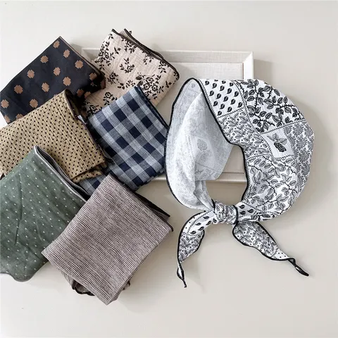 Mode Dames Katoenen Driehoekige Sjaal Bedrukt Bloemen Ruitjes Hoofddoek Retro Halsdoek Bandana Haaraccessoire Voor Zomer