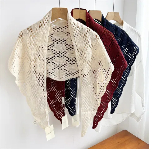 Women Fashion Hollow Out Knitted Triangle Scarf Elegant Mesh Crochet Shawl Wrap Lightweight Shoulder Cover Up For Summer Office