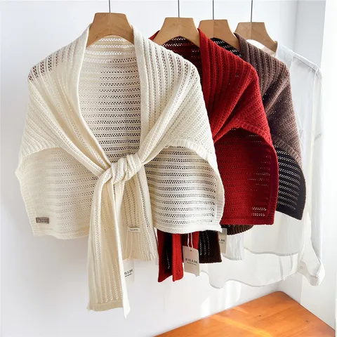 Women Hollow Knit Wool Scarf Shawl Elegant T-Shaped Shoulder Wrap For Spring Autumn Summer Lightweight Warm Crochet Shrug