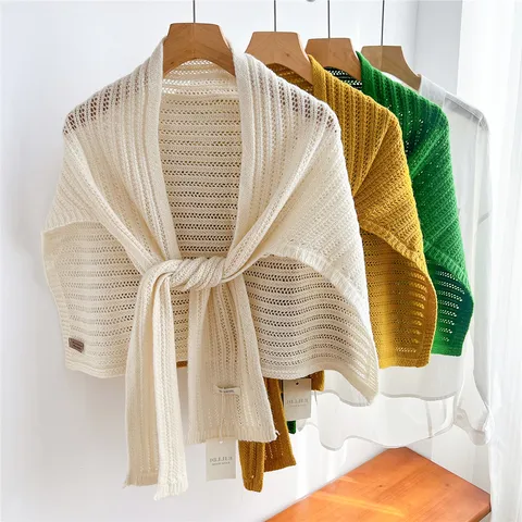 Women Hollow Knit Wool Scarf Shawl Elegant T-Shaped Shoulder Wrap For Spring Autumn Summer Lightweight Warm Crochet Shrug