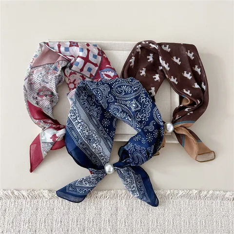 Women Small Square Satin Scarf With Artificial Pearl Ring Printed Paisley Floral Neck Scarf Korean Style Hair Band Decor