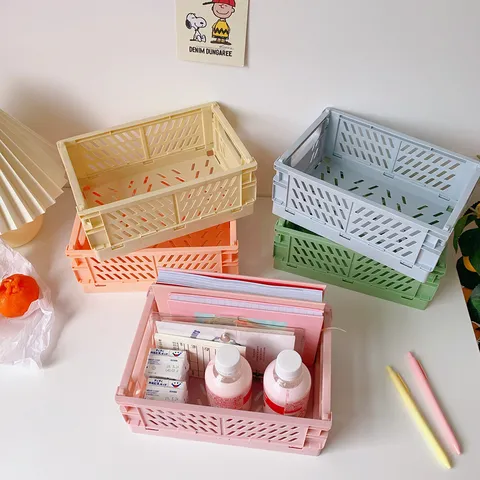 Mini Panier de Rangement de Bureau Pliable en Plastique Caisses Empilables pour Papeterie Cosmétiques Articles Divers Organisation