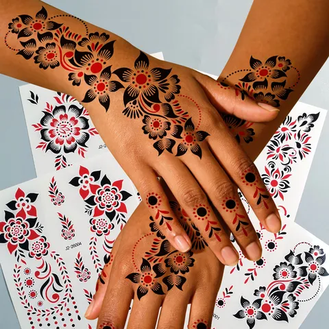 Wasserdichter Temporärer Tattoo Aufkleber Henna Blumen Spitzenmuster Schwarz Rot Körperkunst Party Dekorative Abziehbilder
