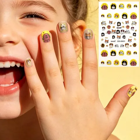 Süße Zeichentricktiere Nagelaufkleber Wasserdicht Goldstempel Katze Hund