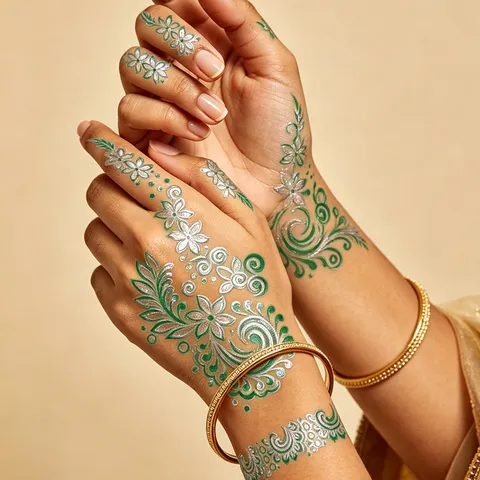 Wasserdichte Temporäre Tattoo Aufkleber Grün Silber Blumen Henna Rebe Körperkunst Aufkleber Für Frauen Party Körperdekoration