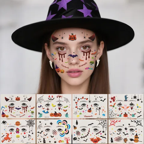 Halloween Face Tattoo Stickers Waterproof Temporary Tattoos Pumpkin Bat Spider Scar Makeup Decals For Kids Party Supplies