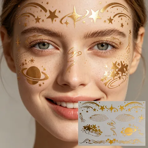 Gold Prägung Sternenhimmel Gesicht Temporäre Tattoo Aufkleber Wasserdicht Glitzer Stern Planet Musik Festival Party Körperkunst