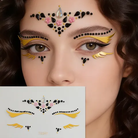 Gemas Faciales Negro Dorado Diamantes de Imitación Cristal Pegatinas Tatuaje Temporal Maquillaje Festival Fiesta Cuerpo Joya Calcomanías
