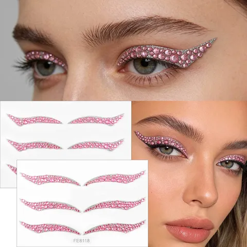 Pink Rhinestone Self Adhesive Eyeliner Stickers Sparkle Eye Face Gems Decals For Party Stage Makeup Women Cosmetic Decor