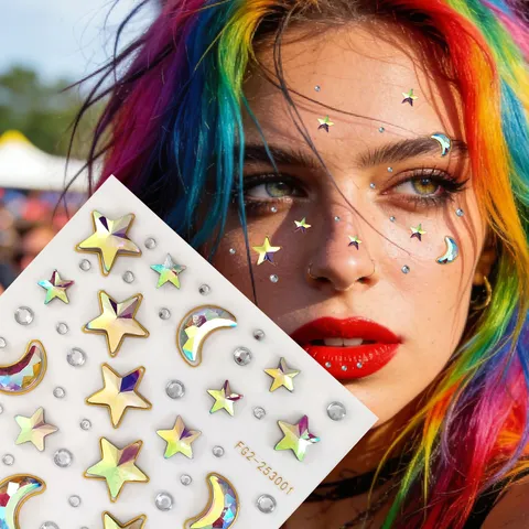 Gemas de Cara de Estrella y Luna Láser Estrás Autoadhesivos Maquillage de Festival Joyas de Cara Cristales de Cuerpo Brillo