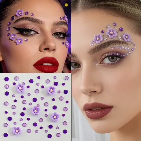 Gemas Faciales de Flores 3D Púrpuras Pegatinas de Estrás Festival Joyas Faciales Cristales Corporales Maquillaje Fiesta Ojos Frente