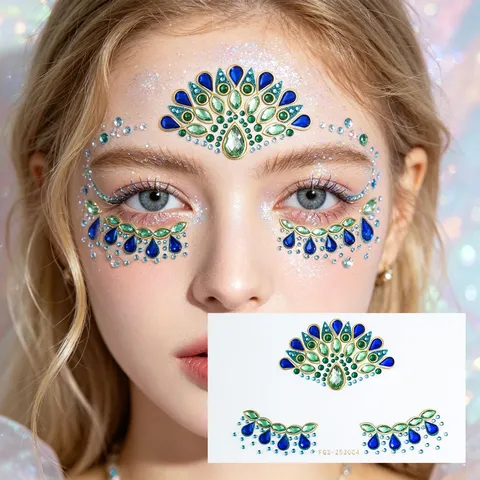 Pegatina de Tatuaje de Strass para la Cara Pluma de Pavo Real Cristal Gemas de Frente Arte Corporal Maquillaje Joyas de Cara Decoración de Fiesta
