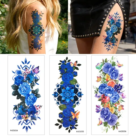 Blaues Rose Schmetterling Wasserdicht Temporär Tattoo Aufkleber Großes Arm Körperkunst Blumen Falsches Tattoo Für Damen Mädchen