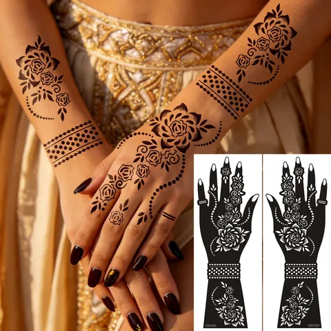 Waterproof Temporary Henna Tattoo Sticker Hollow Rose Floral Totem Hand Arm Body Art Cosmetic Stencil Decal