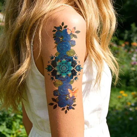 Blaues Rose Schmetterling Wasserdicht Temporär Tattoo Aufkleber Großes Arm Körperkunst Blumen Falsches Tattoo Für Damen Mädchen