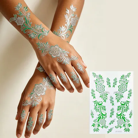 Wasserdichte Temporäre Tattoo Aufkleber Grün Silber Blumen Henna Rebe Körperkunst Aufkleber Für Frauen Party Körperdekoration