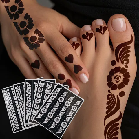 Henna Tattoo Stencils Hollow Temporary Tattoo Sticker Retro Floral Heart Hand Foot Body Art Painting DIY Template