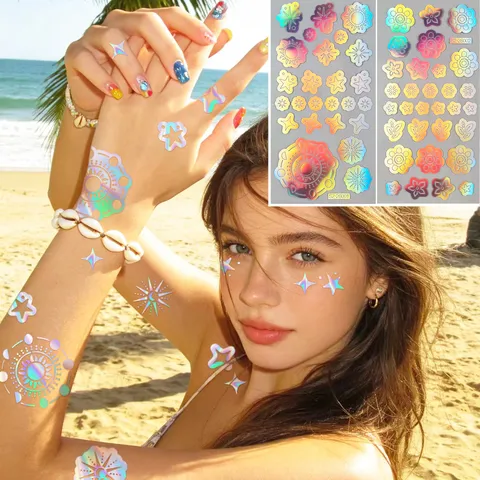 Holographic Laser Temporary Tattoo Stickers Colorful Stars Sun Floral Waterproof Body Art Face Decor Festival Party Decals