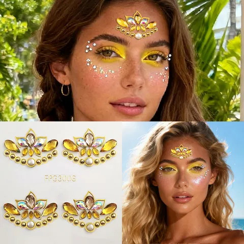 Gemas Faciales de Loto Dorado Strass Cristal Adhesivos Faciales Fiesta de Festival Maquillaje Joyas Corporales Para Mujeres