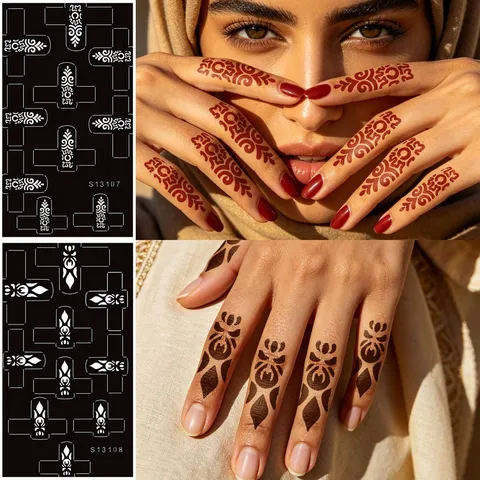 Indian Style Henna Finger Tattoo Stencils Hollow Spray Juice Paste Temporary Tattoo Sticker Template Body Art Design