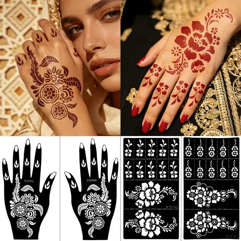 Floral Henna Tattoo Template Self Adhesive Hollow Sticker Bride Hand Back Airbrush Painting Tattoo Stencil