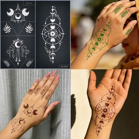 Geometrische Maanfase Henna Holle Tattoo Sjabloon Waterdichte Tijdelijke Lichaamskunst Sticker Voor Feest Festival Makeup