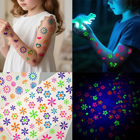 Kinder Leuchtend Temporär Tattoo Aufkleber Wasserdicht Fluoreszierend Blumen Stern Schmetterling Abziehbilder Für Party Bühne