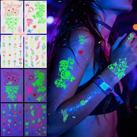 Bunte Fluoreszierende Rosen Temporäre Tattoo Aufkleber Wasserdichte Leuchtende Körperkunst Abziehbilder Für Nachtclub Musikfestival Party