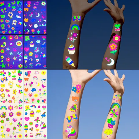 Kinder Fluoreszierende Leuchtende Tätowierungsaufkleber Wasserdicht Cartoon Blume Stern Körperkunst Party Bühne Temporäre Tätowierungsaufkleber