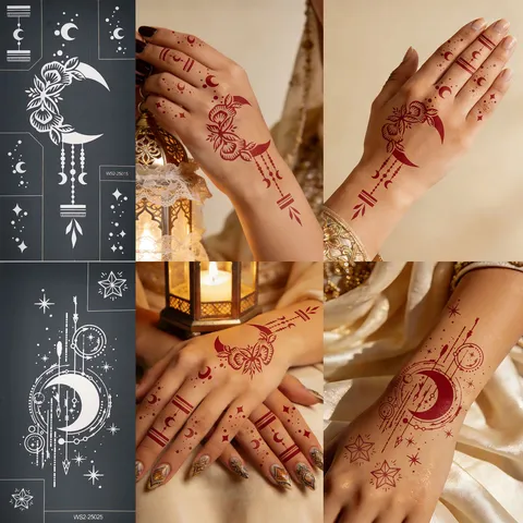 Henna Tattoo Stencils Temporary Tattoo Stickers Black White Moon Star Floral Geometric Body Art Decals
