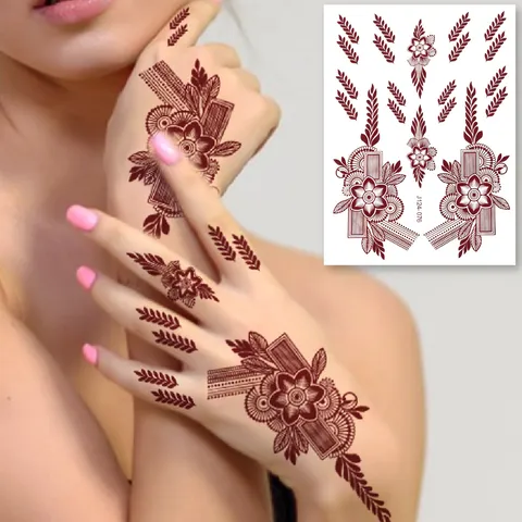 Wasserdichter Temporärer Tattoo-Aufkleber Rotbraun Spitzen Blumen Körperkunst Aufkleber Für Frauen Hand Finger Täglich Make-up