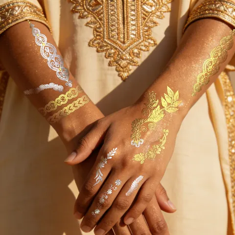 Metallic Temporary Tattoo Sticker Gold Silver Henna Floral Boho Flash Tattoo For Women Party Wedding Body Art