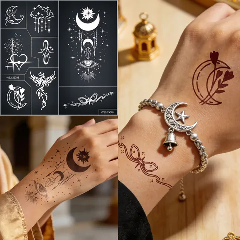 Witte Tijdelijke Tattoo Stickers Waterdicht Geometrisch Maan Ster Bloem Lichaamskunst Decals Voor Feest Vrouwen Mannen