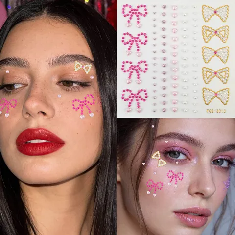 Crystal Face Gems Rhinestone Sticker Pearl Bow Makeup Face Jewels Festival Party Stage Performance Decorative