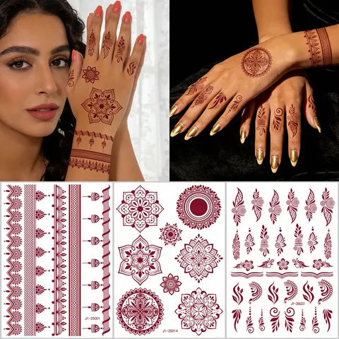 Wasserfester Temporärer Tattoo Aufkleber Henna Rotbraun Mandala Spitzen Blumen Body Art Für Damen Hochzeit Party
