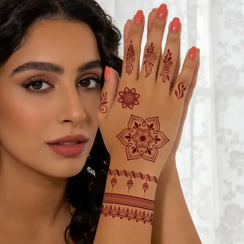 Wasserfester Temporärer Tattoo Aufkleber Henna Rotbraun Mandala Spitzen Blumen Body Art Für Damen Hochzeit Party