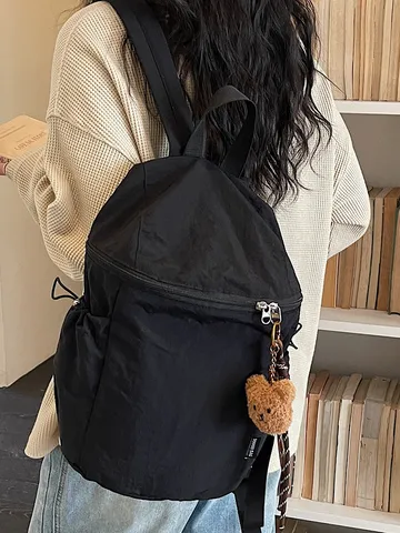 Minimalist Casual Canvas Backpack For Women And Men Lightweight School Bookbag With Cute Bear Pendant Commuter Daypack