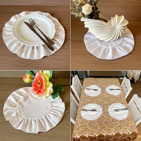 European Style Round Ruffle Placemat Polyester Pleated Lace Coaster Embroidered Table Mat Heat Resistant Decorative Dining Mat