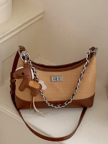 Damen Vintage Stroh PU Leder Patchwork Umhängetasche Casual Schick Kette Schultertasche Mit Pferdeanhänger Pendler Handtasche