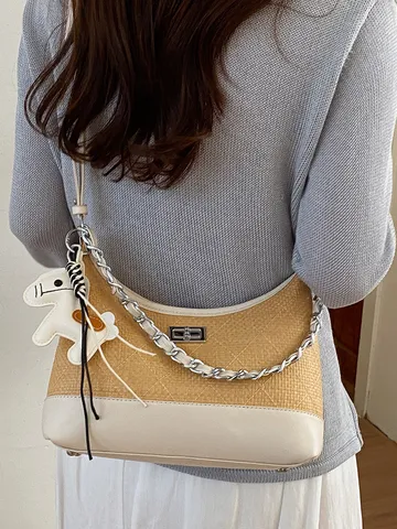 Damen Vintage Stroh PU Leder Patchwork Umhängetasche Casual Schick Kette Schultertasche Mit Pferdeanhänger Pendler Handtasche