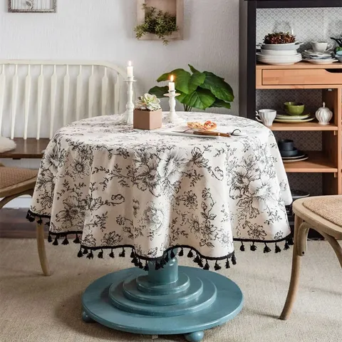Tovaglia Rotonda in Cotone e Lino Pastorale Americana Stampa Floreale Vintage Copertura Tavolo con Nappe Arredo Casa Rustica