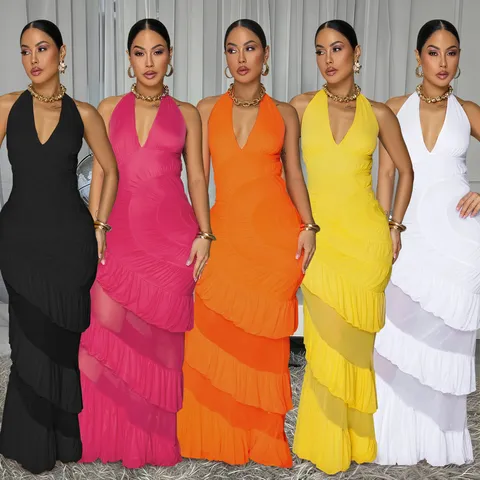 Damen Neckholder V-Ausschnitt Rückenfreies Maxikleid Elegant Ärmellos Gerüscht Gestuft Polyester Splicing Party Kleid