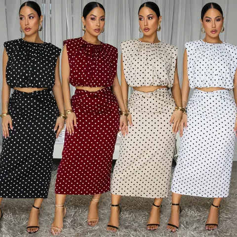 Women's Polka Dot Two Piece Set Sleeveless Crew Neck Top And Midi Bodycon Skirt Elegant Slim Fit Co-ord Suit For Work Party