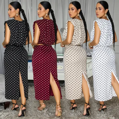 Women's Polka Dot Two Piece Set Sleeveless Crew Neck Top And Midi Bodycon Skirt Elegant Slim Fit Co-ord Suit For Work Party