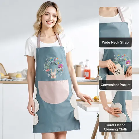 Wasserdichte PVC Küchenschürze Für Damen Herren Kochen Backen Süßes Cartoon Kaninchen Druck Mit Wischtuch Tasche Öldicht Arbeitskleidung