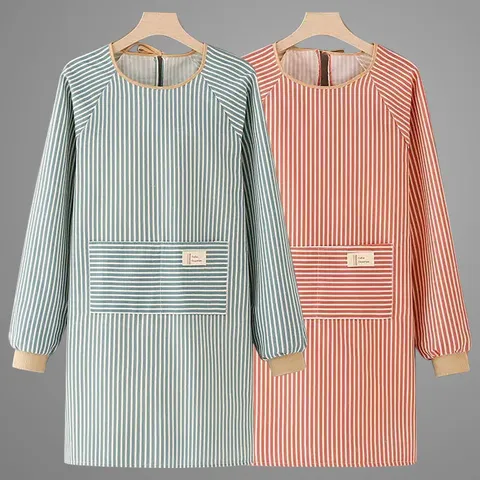 Cotton Linen Long Sleeve Apron Kitchen Anti-Oil Smock Striped Workwear with Pockets Adult Cooking Chef Apron