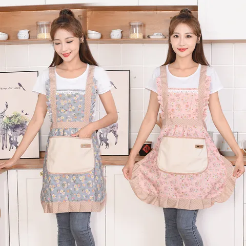 Women's Kitchen Cooking Apron Cute Floral Ruffle Bib Apron Cotton Blend Anti-Fouling Cooking Baking Apron with Pocket Home Chef