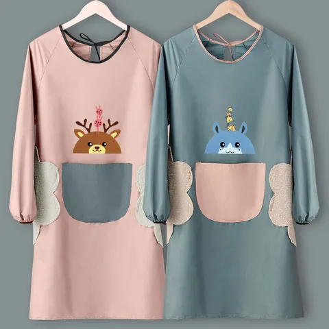 Waterproof Kitchen Apron With Sleeves Cute Fawn Cartoon Oil-Proof Cooking Smock With Hand-Wiping Towel Pockets