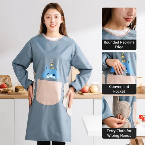 Waterproof Kitchen Apron With Sleeves Cute Fawn Cartoon Oil-Proof Cooking Smock With Hand-Wiping Towel Pockets