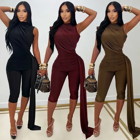 Damen Slim Fit Ärmellos Stehkragen Plissiert Schärpe Jumpsuit Sexy Club Party Lange Hose Romper